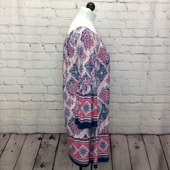 Mermaid Cove Shift Dress Women's Sm Peasant Style Bell Sleeves Geometric Beachy - Picture 4 of 10